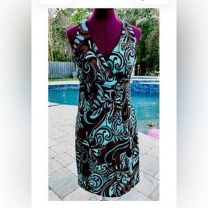 Elegant Turquoise Blue and Brown Paisley Pattern Cocktaik Dress Size 8